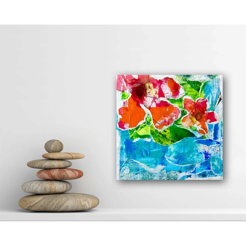 Flowers At The Lake 2 - Original Floral MIxed Media Collage Art